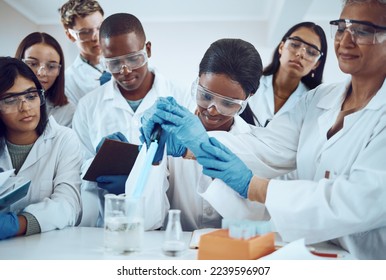 Scientist, teacher or learning students and dropper in healthcare study, medical research or future medicine study. Smile, happy men or women in science laboratory and university education professor - Powered by Shutterstock