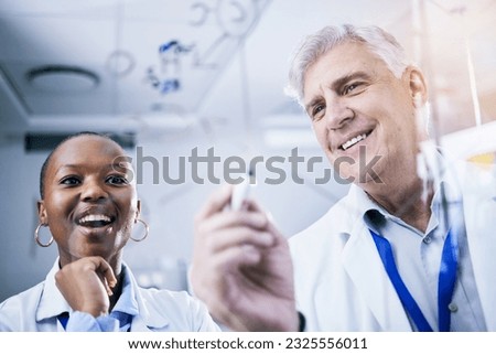 Scientist, team and formula on glass board, analysis and science study with medical research and chemistry in lab. Man, black woman and investigation, chemical equation and scientific experiment