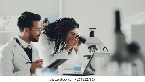 Scientist, team and tablet with microscope in lab for medical research, DNA testing and experiment. Science, people and microbiology equipment for sample analysis, vaccine development and innovation