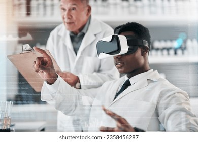 Scientist, team and VR or futuristic glasses for laboratory research, data analytics or healthcare training. Medical people or science mentor with checklist, virtual reality and overlay for software - Powered by Shutterstock