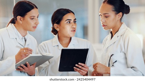 Scientist, teamwork and tablet for planning research, medical feedback and results or internship group training. Students, doctors or science women with digital technology, notebook and collaboration - Powered by Shutterstock - Get 15% off with code: PIKWIZARD15