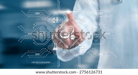 Scientist touching a futuristic digital interface displaying scientific icons related to mitochondria and cellular energy production in a lab setting
