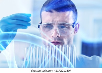 Scientist With Tube Pcr And Virtual Screen With Data Scientific At Genetic Engineering Lab. Biomedical Engineer Genetic Working With Tubes In Biotechnical Laboratory