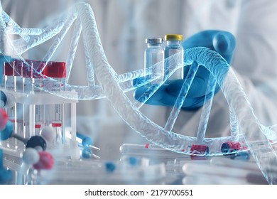 Scientist With Tube And Virtual Screen With Data Scientific At Genetic Engineering Lab. Biomedical Engineer Genetic Working With Tubes In Biotechnical Laboratory
