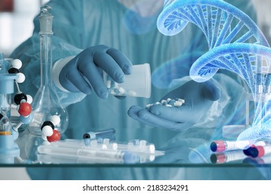 Scientist With Tube And Virtual Screen With Data Scientific At Genetic Engineering Lab. Biomedical Engineer Genetic Working With Tubes In Biotechnical Laboratory