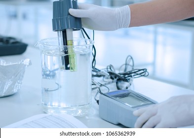 Scientist Used Chemical Solution And Lab Testing For Water Quality Or Ph Meter In Laboratory ,research And Science Concept