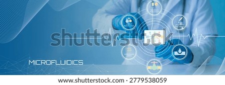 Scientist using advanced microfluidics technology for medical diagnostics and healthcare innovation with futuristic icons