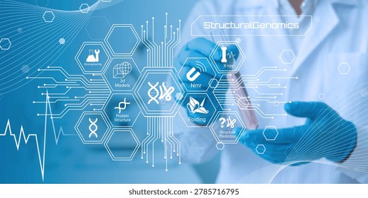 Scientist using digital interface showcasing structural genomics and advanced protein research techniques