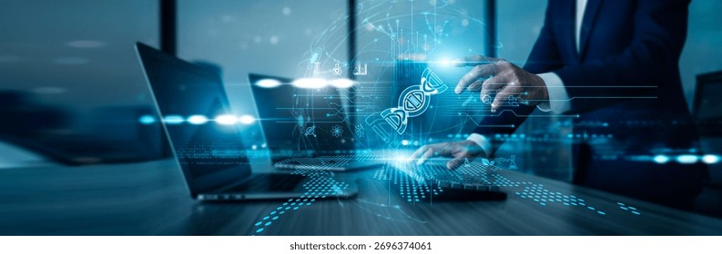 Scientist using laptop with analysis data Biotechnology is developing genetic research, medical solutions. applying bioinformatics to advancing pharmaceuticals supporting agriculture healthcare. - Powered by Shutterstock - Get 15% off with code: PIKWIZARD15
