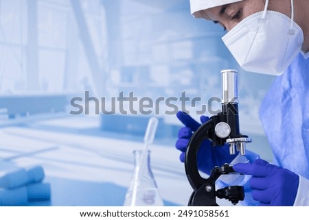 A scientist is using a microscope to examine a sample. The scene is set in a laboratory with a blue background. The scientist is wearing a white lab coat and blue gloves. Scene is focused and serious