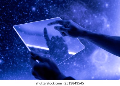 Scientist using a transparent digital tablet screen futuristic technology