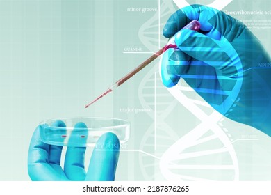 Scientist With Virtual Screen With Data Scientific At Genetic Engineering Lab. Biomedical Engineer Genetic Working With Microtubes In Biotechincal Laboratory