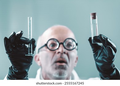 Scientist wearing black gloves holds two test tubes, a graduated cylinder and a corked vial, with a surprised expression, conducting an experiment in a laboratory setting - Powered by Shutterstock