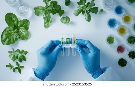 A scientist in a white coat and blue gloves is holding test tubes with colorful liquids on the table, carrying out plant research. - Powered by Shutterstock