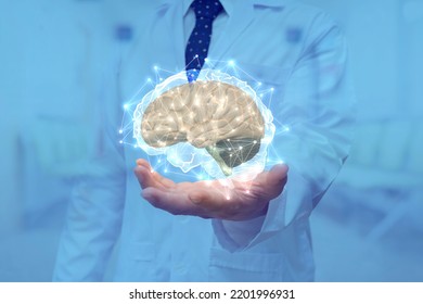 Scientist In White Coat Moving Brain Interface, Artificial Intelligence Concept. Digital Brain Scan Hologram 3d Rendering