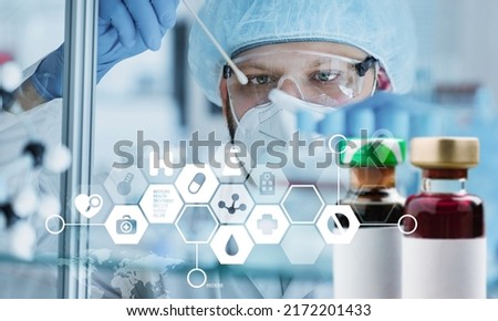 Scientist in white lab coat filter sample into vial. High performance liquid chromatography at chemical laboratory.