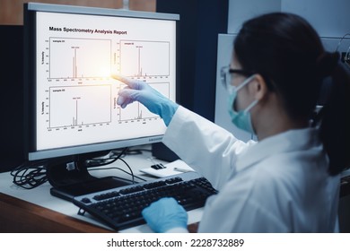 Scientist woman indicates the chromatogram of mass spectrometry analysis results of compounds, as shown on the computer monitor of mass spectrometer instrument in the laboratory.