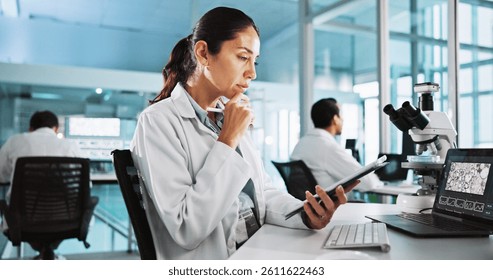 Scientist, woman and tablet with thinking for experiment, results or medical research study on laptop. Biotech, laboratory and analysis with DNA on computer screen for pharmaceutical RNA or biology