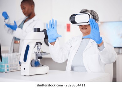 Scientist, woman and virtual reality, futuristic and science study with metaverse, medical research and investigation. Biotech, 3D and female doctor, digital world experience and VR goggles in lab - Powered by Shutterstock