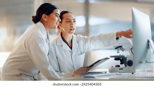 Scientist, women and teamwork on tablet and computer for laboratory advice, medical research and night planning. Students, science people or mentor on digital technology of test results or comparison - Powered by Shutterstock