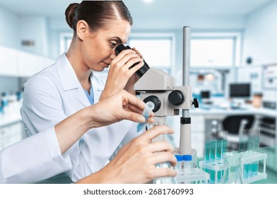 Scientist worker analyze biochemical samples in laboratory.