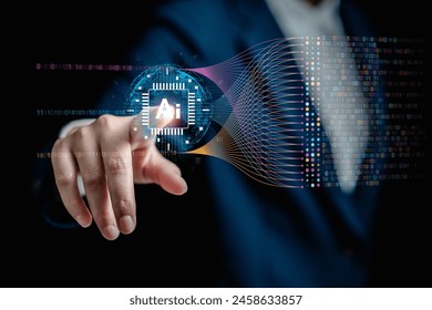 Scientist working with business data, finance, marketing report, Big Data Analytics technology, Processing Complexity information flow on virtual screen, machine learning, artificial intelligence, ML