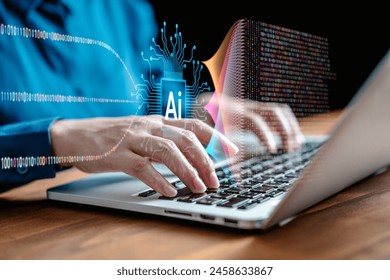 Scientist working with business data, finance, marketing report, Big Data Analytics technology, Processing Complexity information flow on virtual screen, machine learning, artificial intelligence, ML