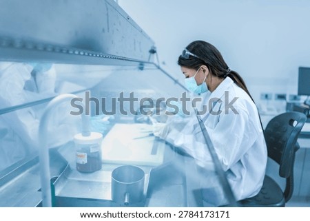 Scientist working inside laminar flow biosafety cabinet. female using tweezers to process biological sample securely onsite. Scientist preparing histology sample for cancer diagnosis in sterile lab.