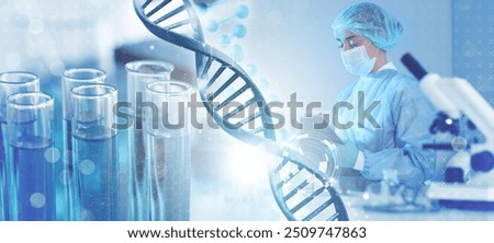 Scientist working in lab, test tubes and DNA, multiple exposure. Laboratory analysis. Banner design