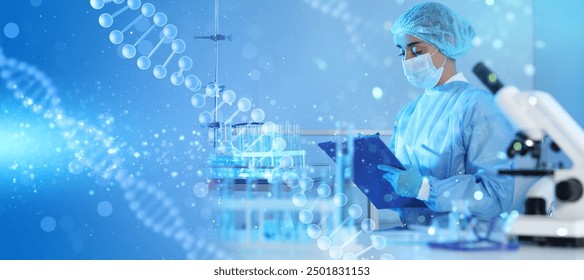 Scientist working in laboratory and illustrations of DNA, double exposure. Research in genetics. banner design - Powered by Shutterstock