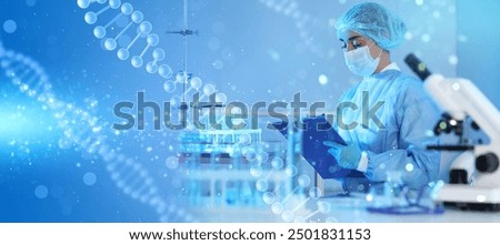 Scientist working in laboratory and illustrations of DNA, double exposure. Research in genetics. banner design