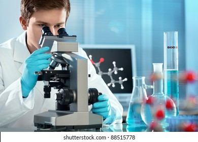 scientist working at the laboratory. Screen image of molecule made by myself
