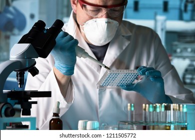 scientist working with microplate in a pharmaceutical lab / biomedical engineer working with samples in microplate in the laboratory