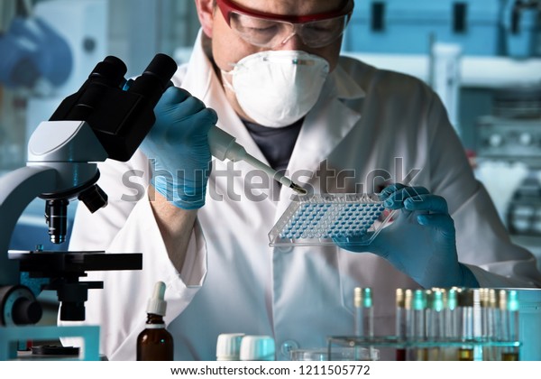 scientist working with microplate in a\
pharmaceutical lab / biomedical engineer working with samples in\
microplate in the\
laboratory