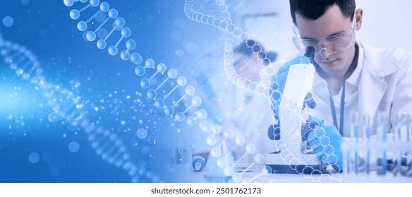 Scientist working with microscope in laboratory and illustrations of DNA, double exposure. Research in genetics. banner design