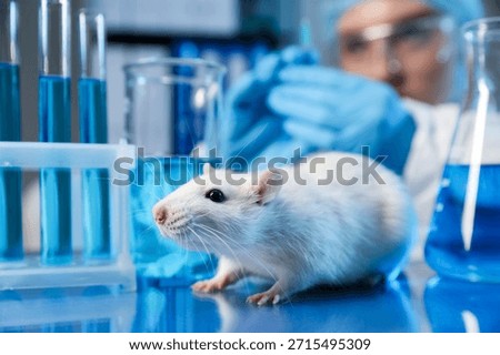 Scientist working with rat at table in laboratory, selective focus