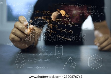 Scientist writing geometric and surrounding it with physics or mathematical equations showing ideas for solving problems or developing new things. innovation concept.