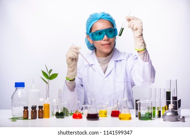 the scientist,dermatologist testing the organic natural cosmetic product in the laboratory. research and development beauty skincare concept