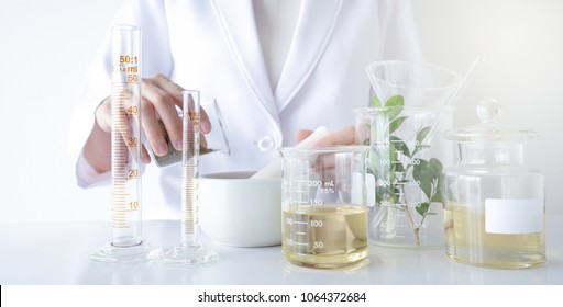 The Scientist,doctor, Make Alternative Herb Medicine With Herbal The Organic Natural In The Laboratory. Oil Capsule, Natural Organic Skincare And Cosmetic.