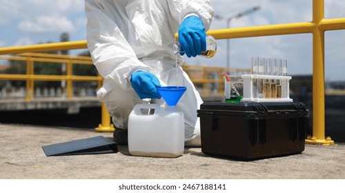 Scientists biologists or researchers in protective suits taking water samples from wastewater from industries. Experts analyze the water in a contaminated environment. - Powered by Shutterstock