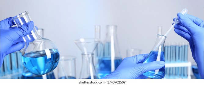 Scientists Doing Research And Analysis In Chemical Laboratory, Closeup. Banner Design   