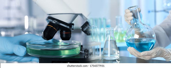 Scientists Doing Research And Analysis In Chemical Laboratory, Closeup. Banner Design   