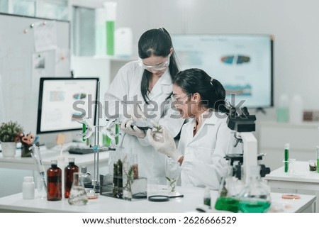 Scientists examining plant and algae samples in a modern laboratory, conducting pharmaceutical research to develop innovative medicine and explore natural treatments through advanced biotechnology