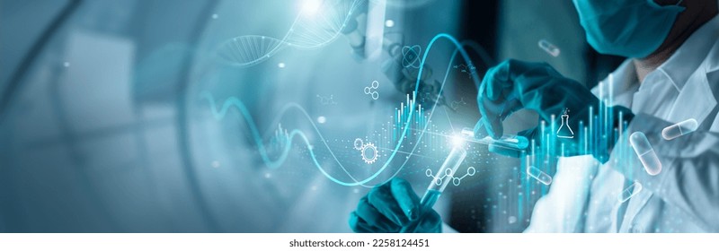 Scientists are experimenting Genetic research and Biotech science Human Biology and pharmaceutical technology on laboratory background. Medical science and biotechnology.