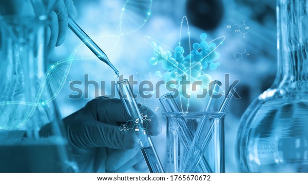 Scientists are\
experimenting and research with molecule model, DNA, Science\
background with molecules and atoms in the laboratory, Medical\
science and biotechnology, 3D\
render.