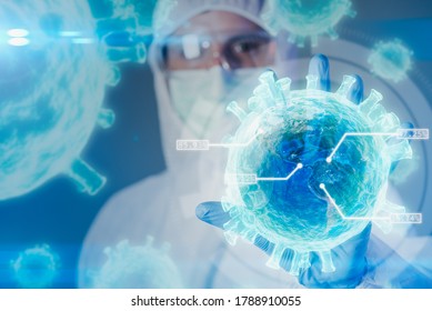 the scientists are holding the coronavirus's hologram the laboratory. the concept of coronavirus, vaccination, laboratory and medical.