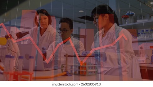 Scientists in lab analyzing data on laptop, focusing on coronavirus research. Laboratory, analysis, biotechnology, healthcare, innovation, discovery