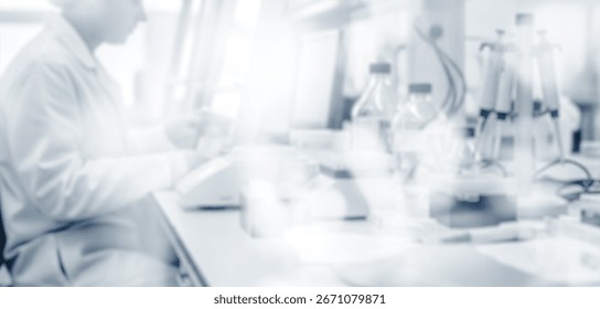Scientists in lab coats work with microscopes in a bright laboratory setting, illustrating advanced research environment with modern equipment and professional atmosphere.