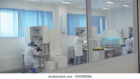 Scientists In Laboratory Developing Chemical Poison. Team Of Medical Workers In Uniform Testing Novichok Agent Or Cosmetology Products In Modern Laboratory