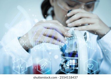 Scientists looking at samples under a microscope This image is a combination of a science lab and a computer screen. The woman was wearing a robe. Scientific exploration and discovery